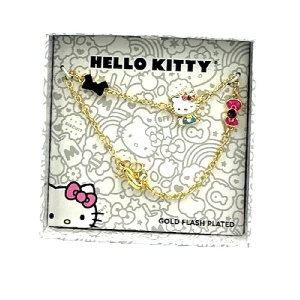 Hello Kitty Bracelet With Bows Gift Boxed Adjustable Gold Flash Plated Sanrio